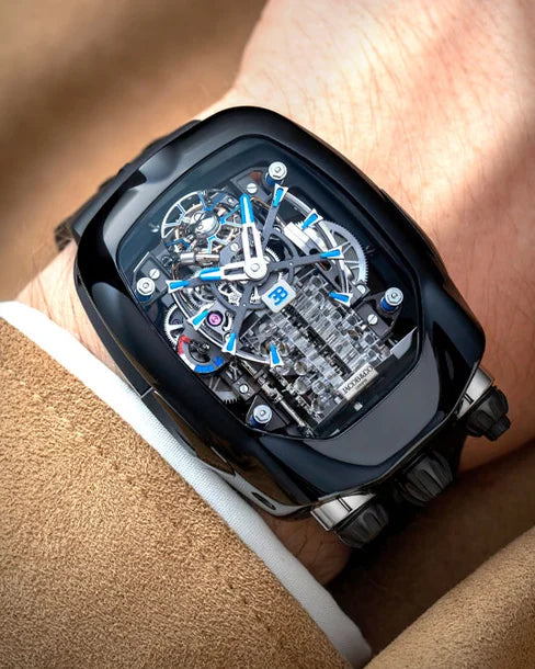 Bugatti Chiron Inspired Tourbillon Baguette Watch (BLACK) | ساعة توربيون فاخرة مستوحاة من بوغاتي شيرون بأسلوب حصري